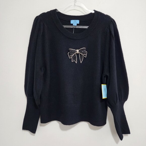 NWT CeCe Bow Sweater Black Embellished Size M - Picture 1 of 9